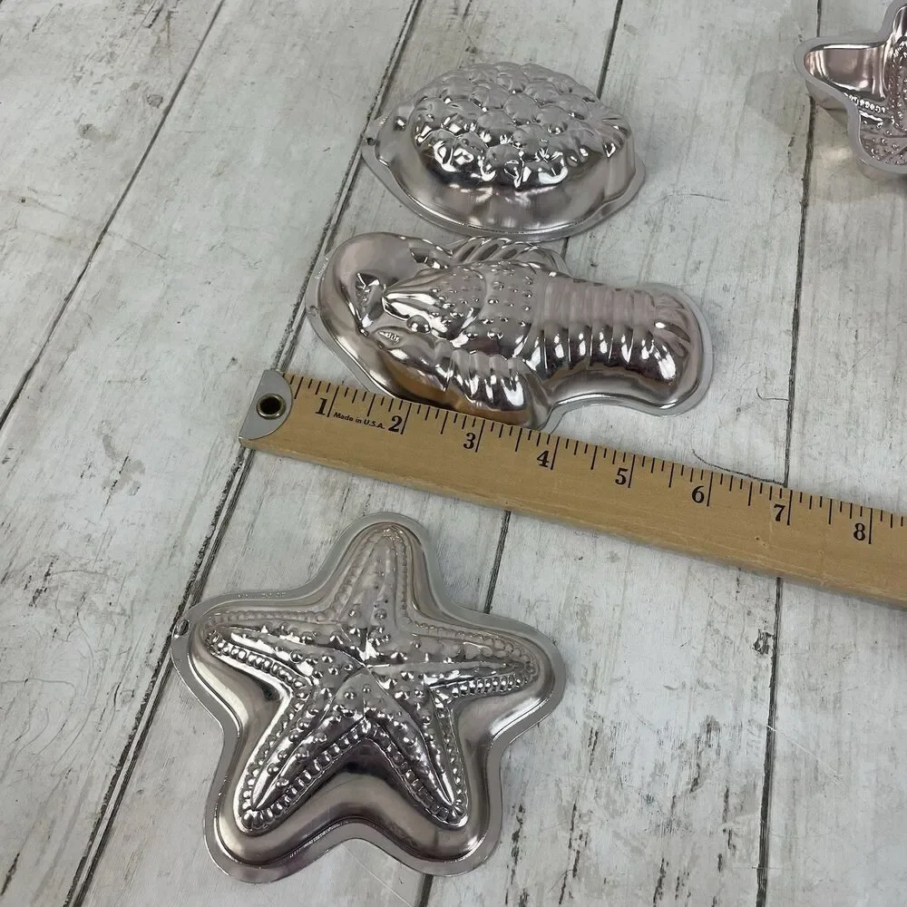 6 Vtg Lobster Starfish Sealife Molds Jello Kitchen Decor Metal Silver / Lt Pink